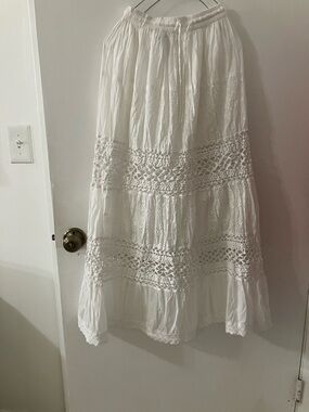 Boho Crochet-Panel Maxi Skirt in White